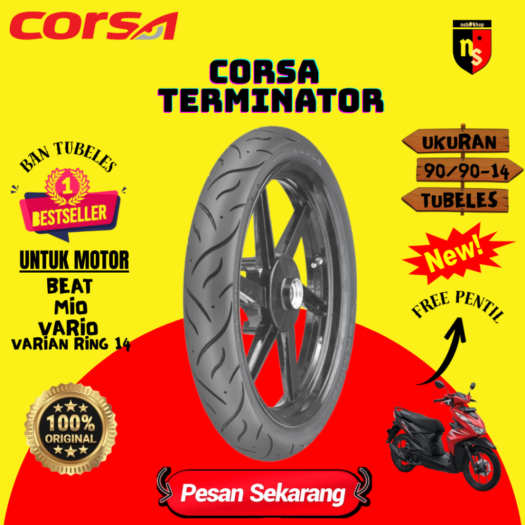 Ban Motor Corsa Terminator 90/90 Ring 14 Ban Donat Tubeless Free Pentil