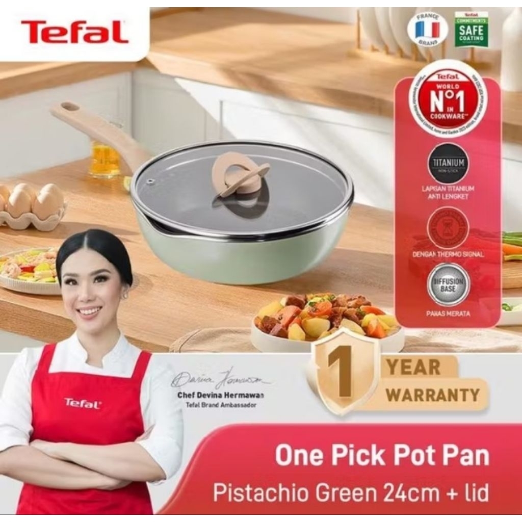 Tefal One Pick Pot Pan Pistachio 24cm / tefal / lid / wok