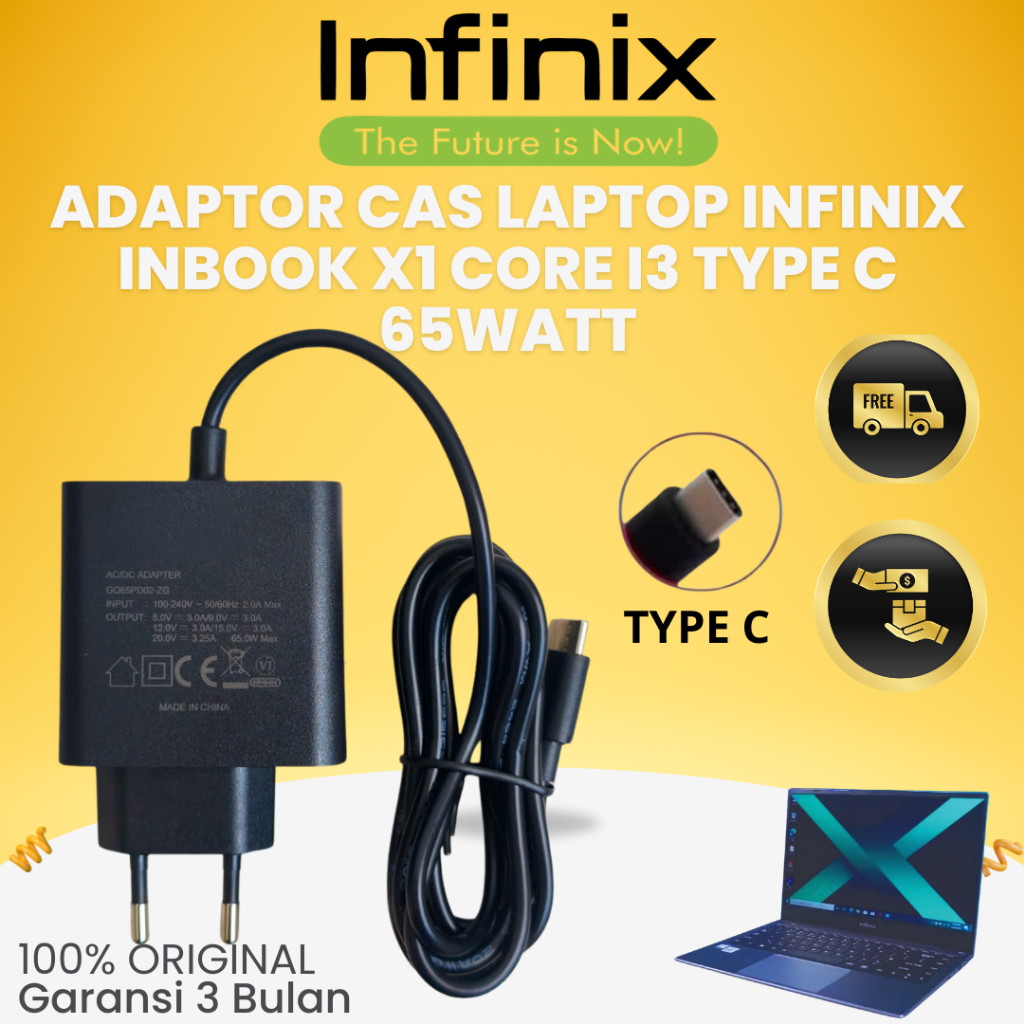 Adaptor Cas Laptop Infinix Inbook X1 Core i3 Type C 65Watt Garansi 3 Bulan