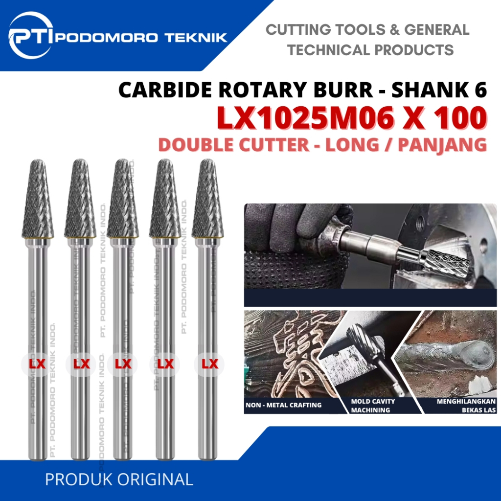 Rotary burr LX1025M06 X 100 MM Long Double Cut Mata Tuner Shank 6mm kepala carbide Tuner Rotary Burr