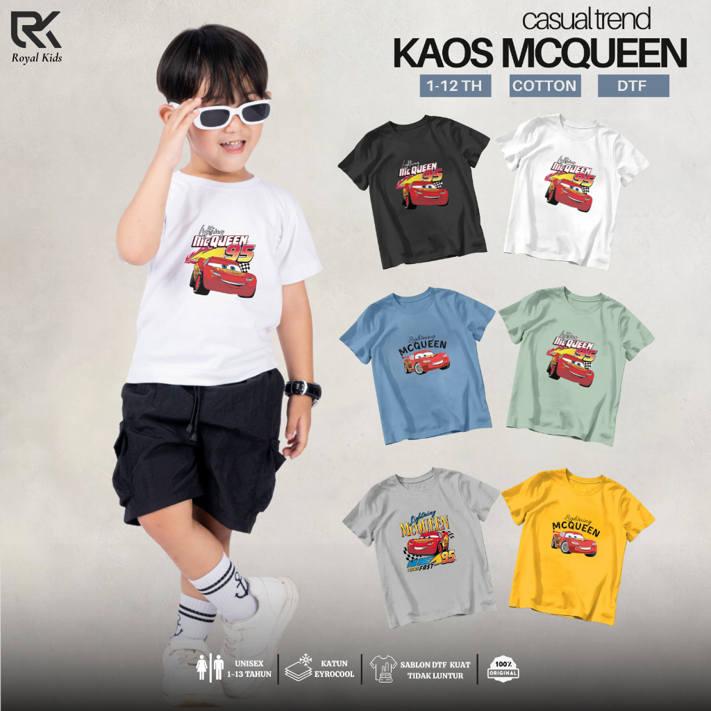 Baju Kaos Anak Lightning McQueen 95 Cars Disney Baju Anak Laki Laki Perempuan Cotton Adem 1–13 Tahun