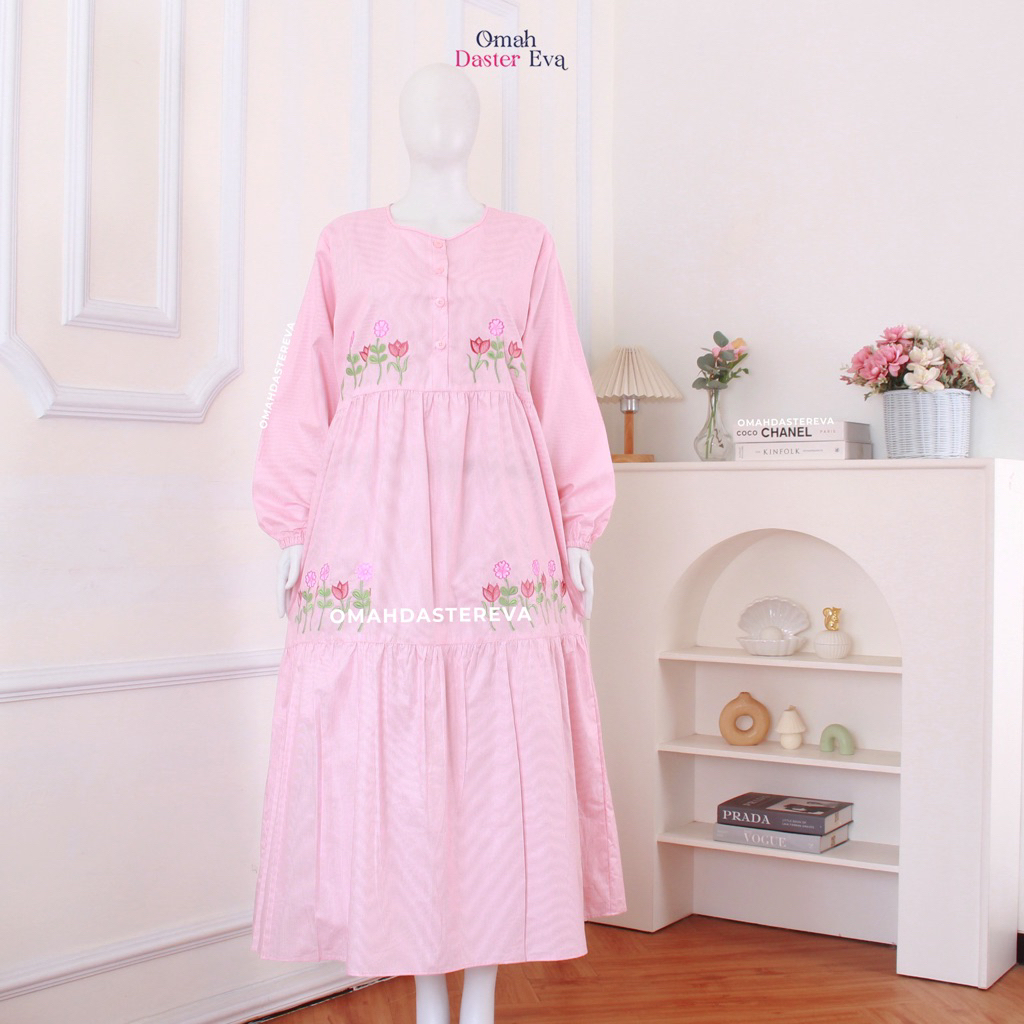 Omah Daster Eva | Daster Wanita Panjang rumbai Bordir Cantik Malang Size M | Katun Jepang Premium | 