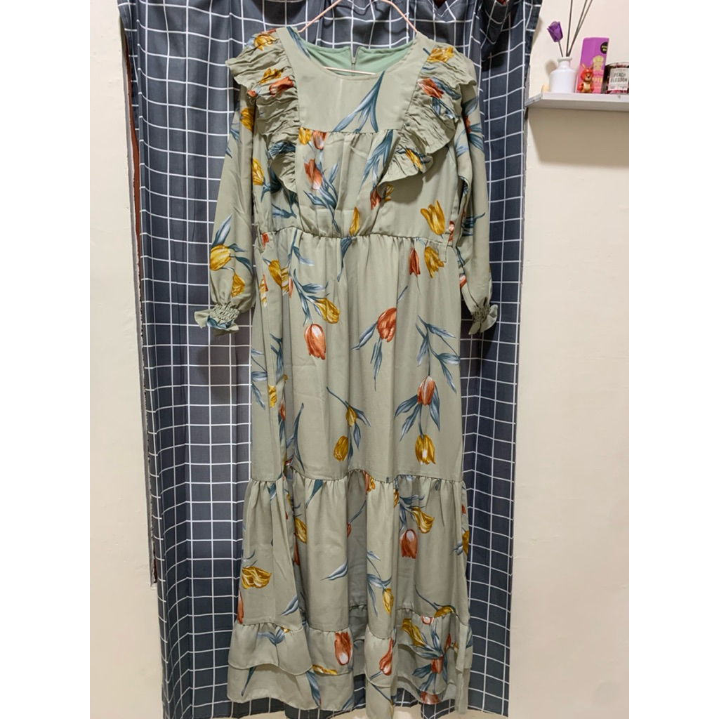 Preloved Gamis Lebaran Sage Green | Gamis Dress Bunga Sage Green