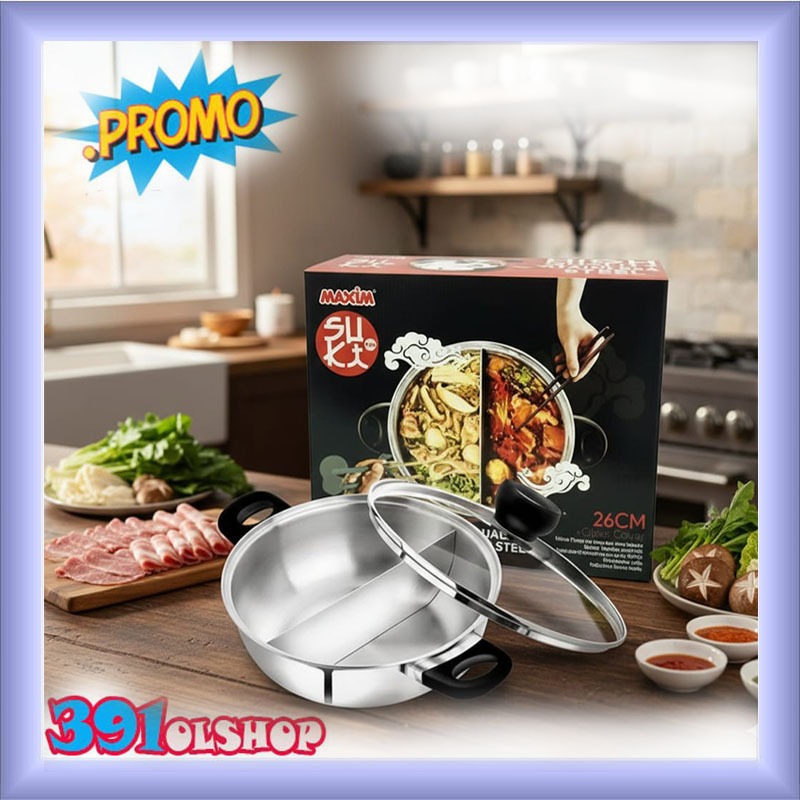 Maxim Suki Pan 26cm Tutup Kaca Panci Shabu Shabu Sekat 2 Panci Steamboat 2 Rasa Kualitas Premium Ant