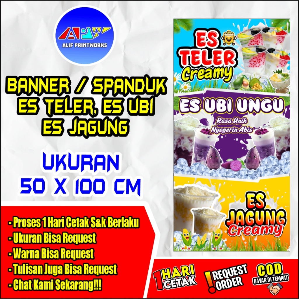 SPANDUK BANNER ES TELER , ES UBI , ES JAGUNG Ukuran 50x100 / SPANDUK BANNER ES TELER , ES UBI , ES J