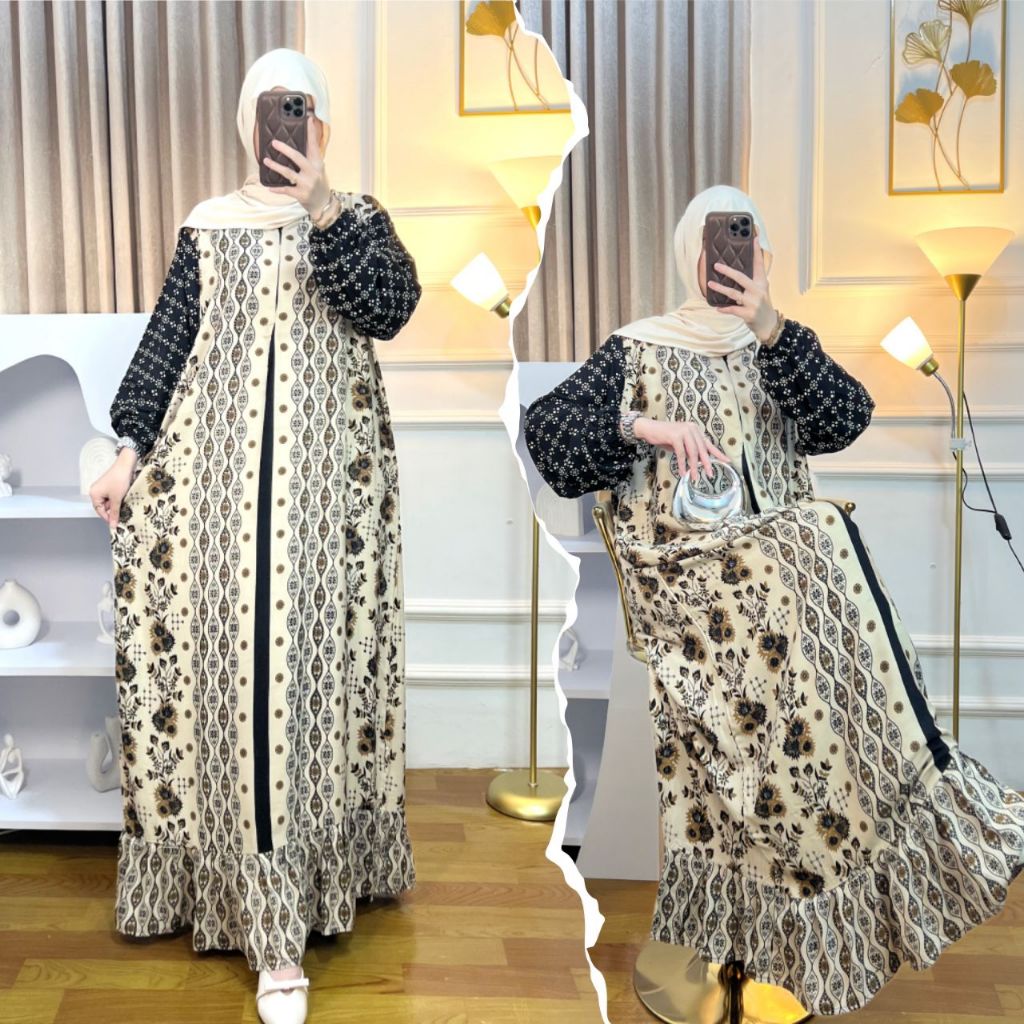 Gamis Motif Kayla Rayon Premium Jumbo Resleting Busui Friendly - Fazami