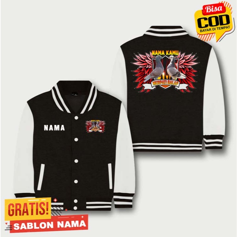 Jaket Varsity Baseball Anak Anak MERPATI BALAP / Jaket Custom MERPATI BALAP Kombinasi Hitam Putih - 