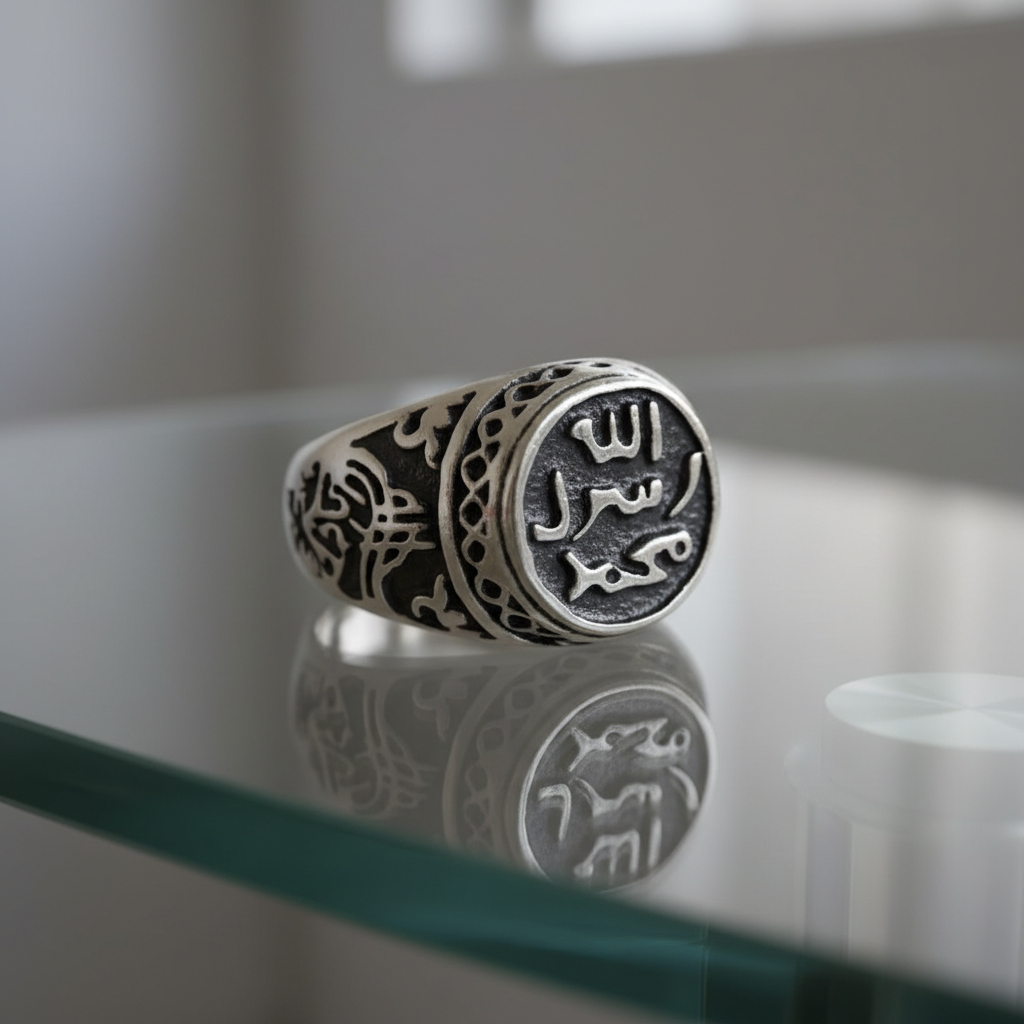 WYNG - Cincin Motif Kaligrafi Warna Perak Replika Cincin Rosul Muhammad Muslim Islami Tauhid Ring Kh