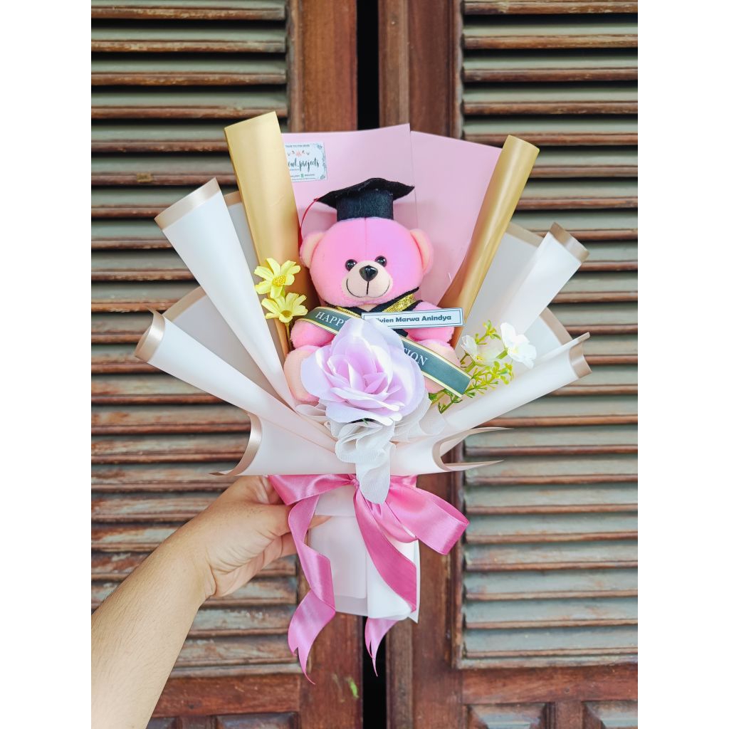 [WP] Buket Boneka Teddy Bear Wisuda Bunga Mawar Artificial Murah, Paket Kado Wisuda Murah, Graduatio
