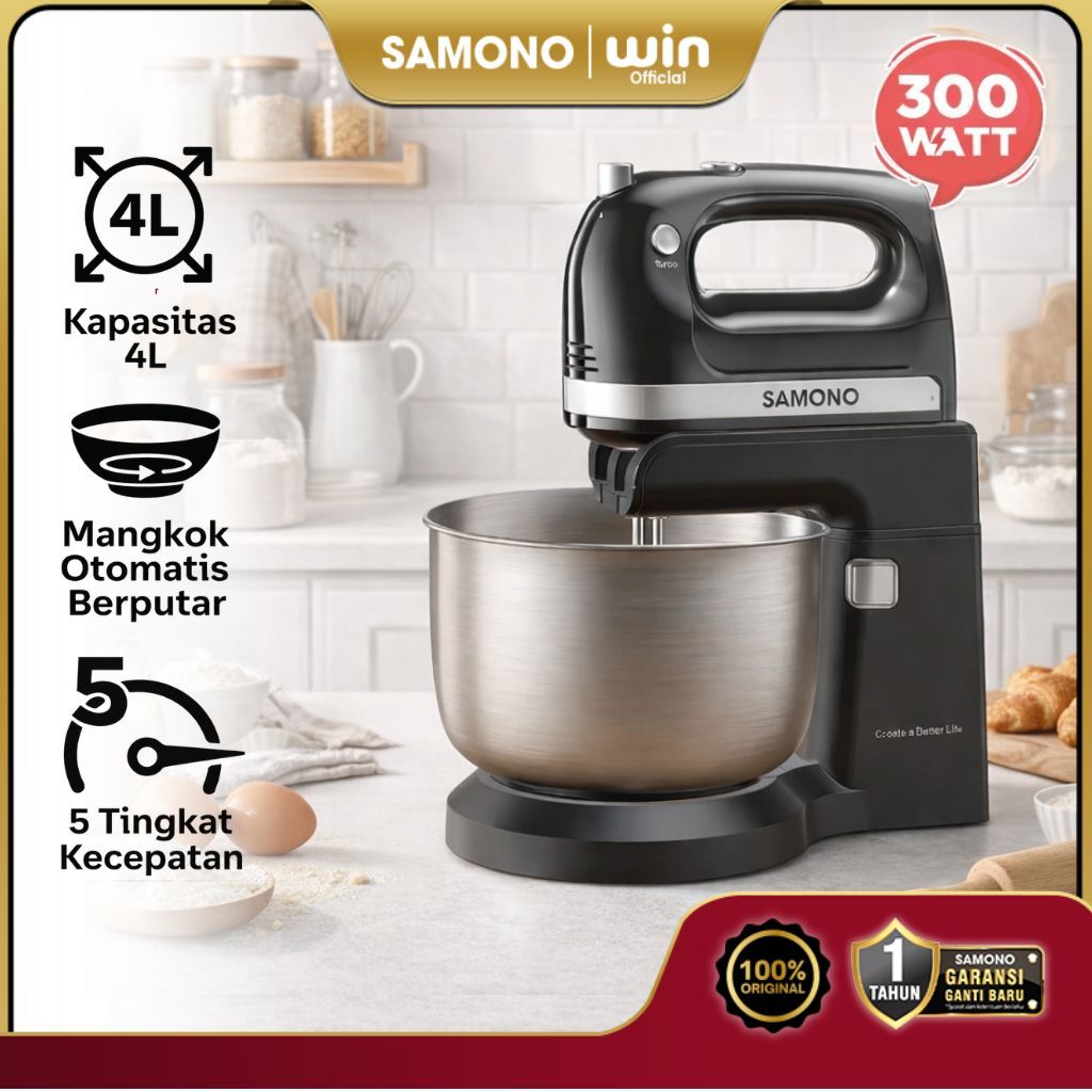 SAMONO Stand Mixer Kue dan Roti 4L Low Watt Hand Mikser Pengaduk Adonan Donat Mixser Baking 300W 5 K