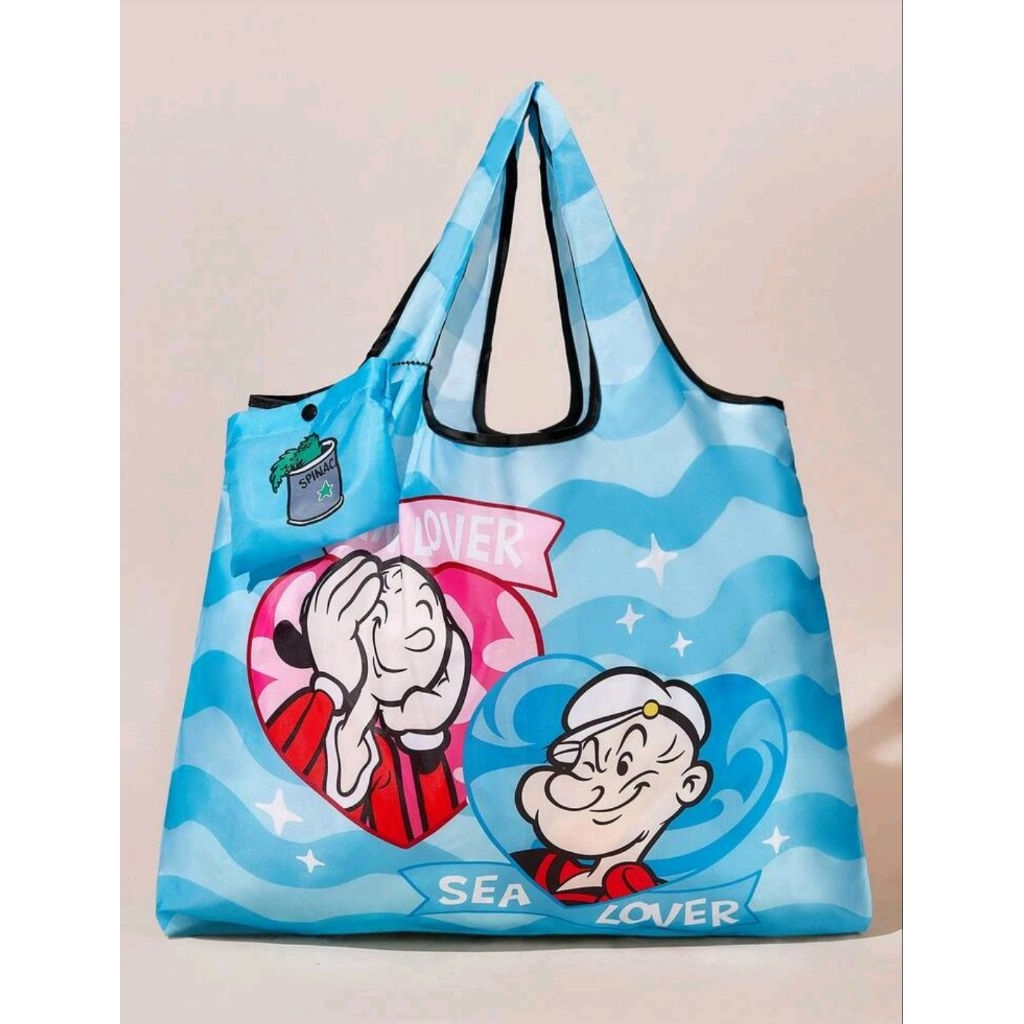 Popeye X SHEIN 1 Cute Cartoon Character Print Foldable Shopping Bag, Tote Bag, With Small Storage Ba
