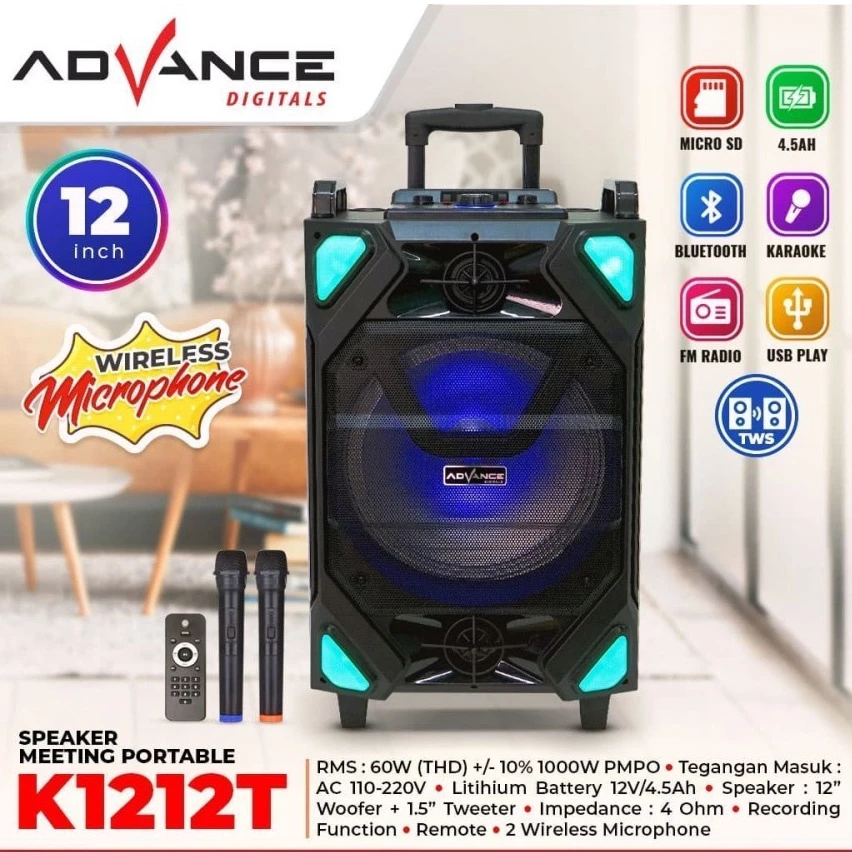Speaker Meeting Advance K1212T / K 1212T BT Bluetooth 12" Plus 2 mic wireless speaker Karaoke