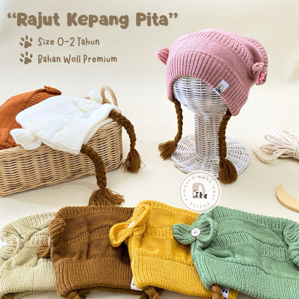 DELUPY Kupluk Rajut Kepang Pita Bayi 0-2 Th  | Topi Kupluk Rajut Kepang Pita Anak Bayi Perempuan
