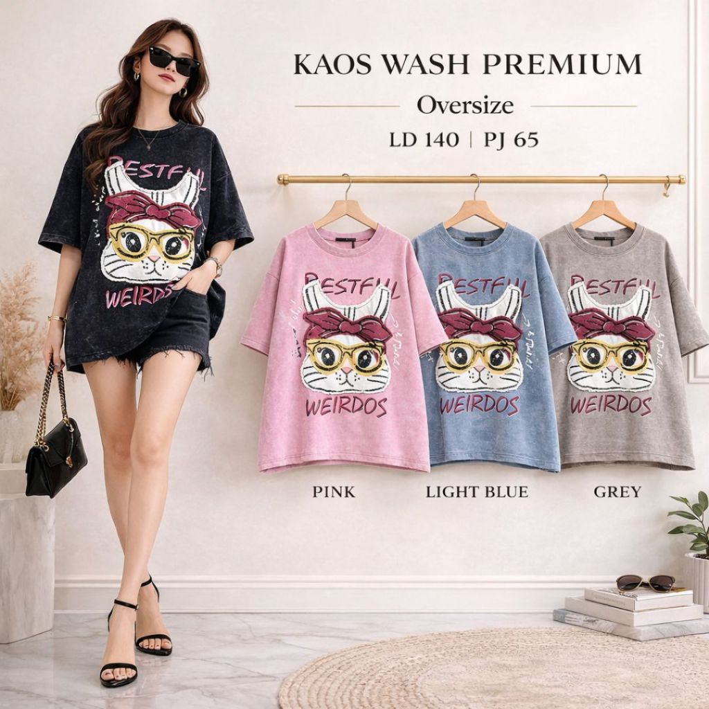 Kaos Oversize Wanita Premium Wash Import Bordir Cat Unik Jumbo LD 140 Baju Wanita Kekinian Big Size 