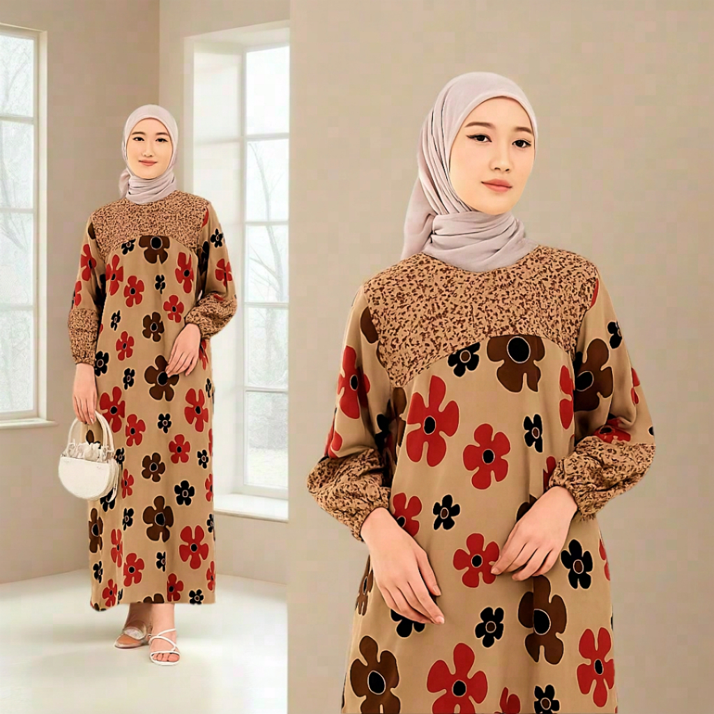 Gamis Luna Rayon Premium Bahan Adem Tebal Busui Motif Batik Kekinian Hitam Army Navy