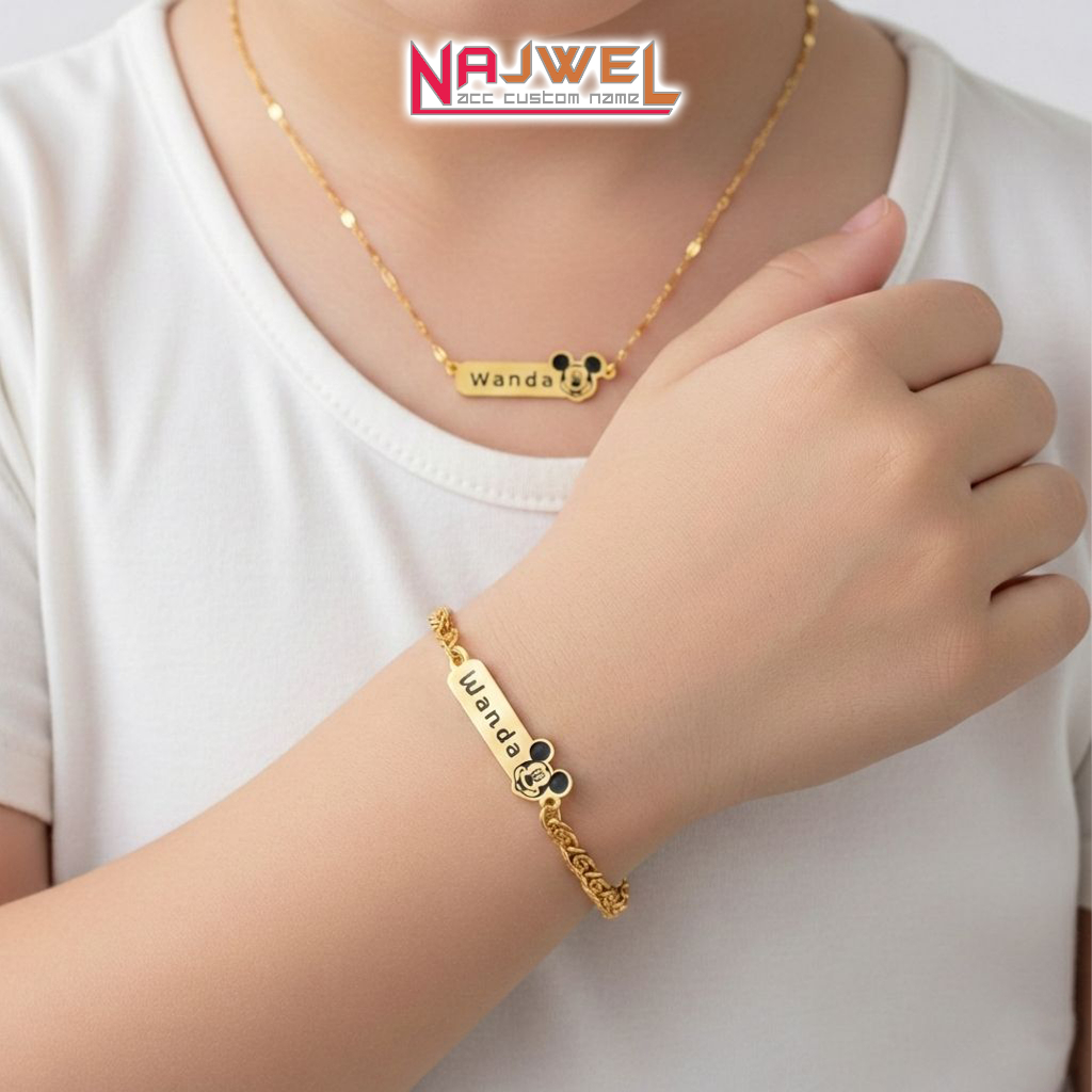 Kalung Gelang 1 Set Ukir Nama Anak Laki Laki Mickey Rantai Mawar Titanium Fashion Bayi 0-6 Bulan