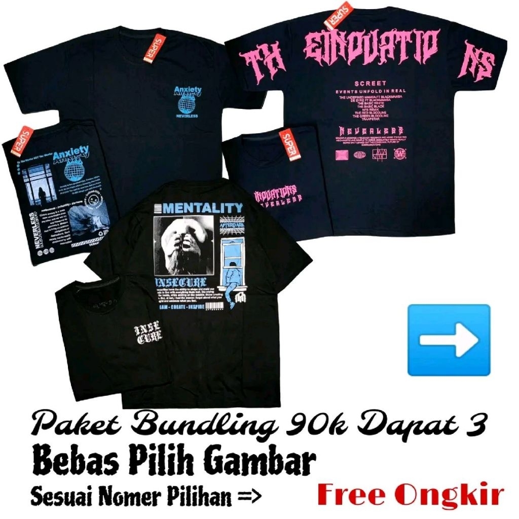 Paket Bundling 3pc Katun 28s Kaos Distro Pria Unisex T-shirts Baju Distro Pria kaos Cowok Murah