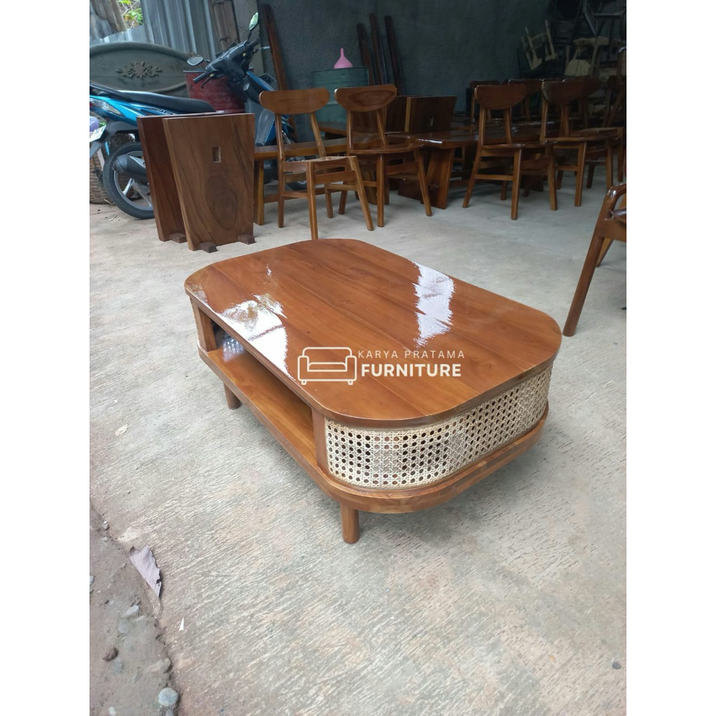 Meja Kopi, Meja Lesehan, Meja Minimalis Kombinasi Rotan, Meja Kopi Estetik, Meja Minimalis Retro