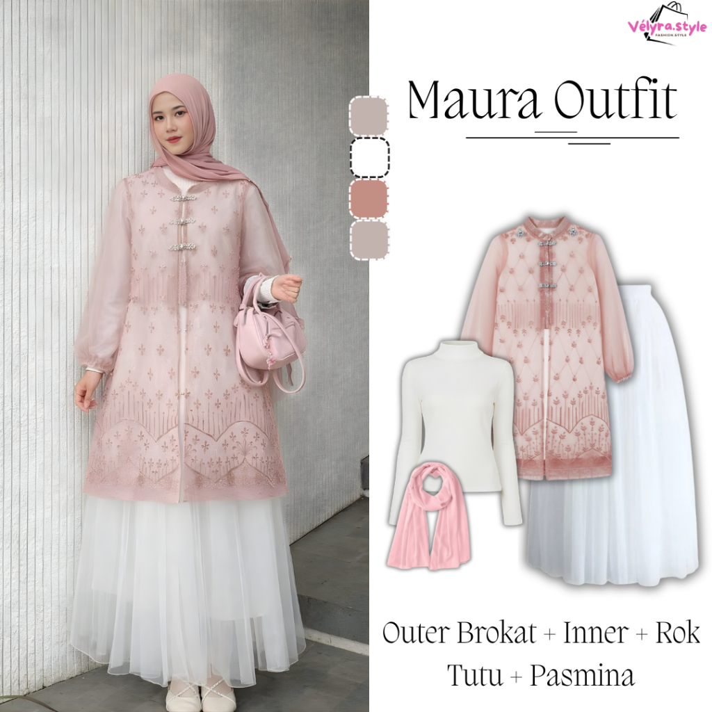 Setelan Outfit Lebaran Hingga Kondangan Simple Wanita Kekinian 4in1 Set (Outer Brukat,Inner Manset,R