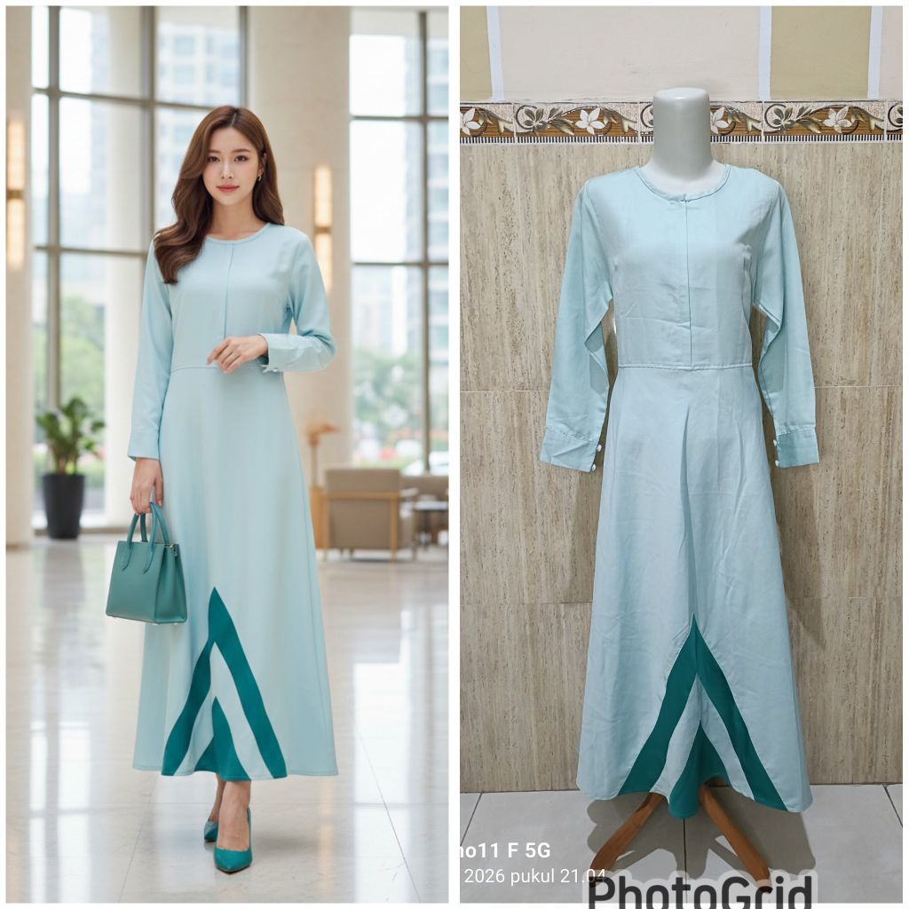 Dress gamis warna hijau tosca polos bahan katun lengan panjang (resleting di depan)