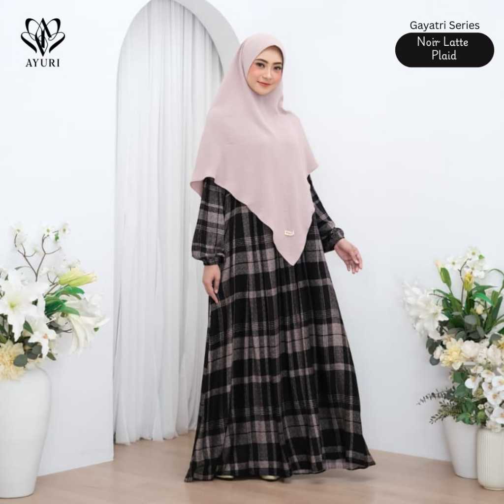 AYURI - Gamis Set hijab GAYATRI Rayon Diamond Motif Kotak Perempuan Daily Muslimah Syar’i Busui Frie