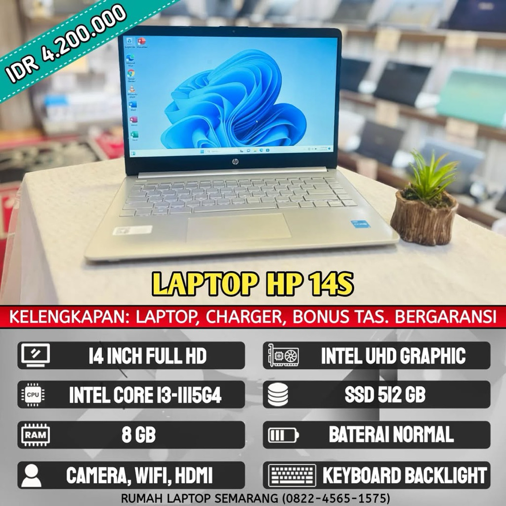 Laptop Hp 14S core i3 gen 11. Ram 8gb. ssd 512gb