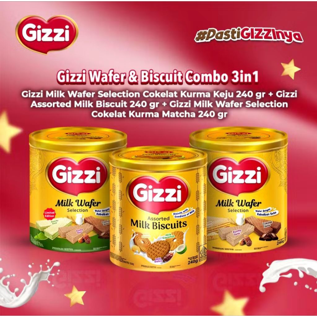 Gizzi Milk Wafer Selection Coklat, Kurma, Macha 240gr - Gizzi Assorted Milk Biscuit 240gr/Kaleng