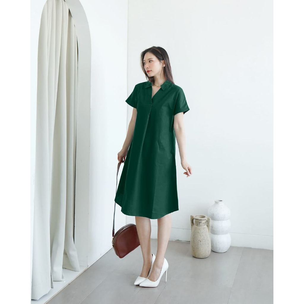 Dress Vneck Wanita Casual Katun Polos Lengan Pendek Sd07
