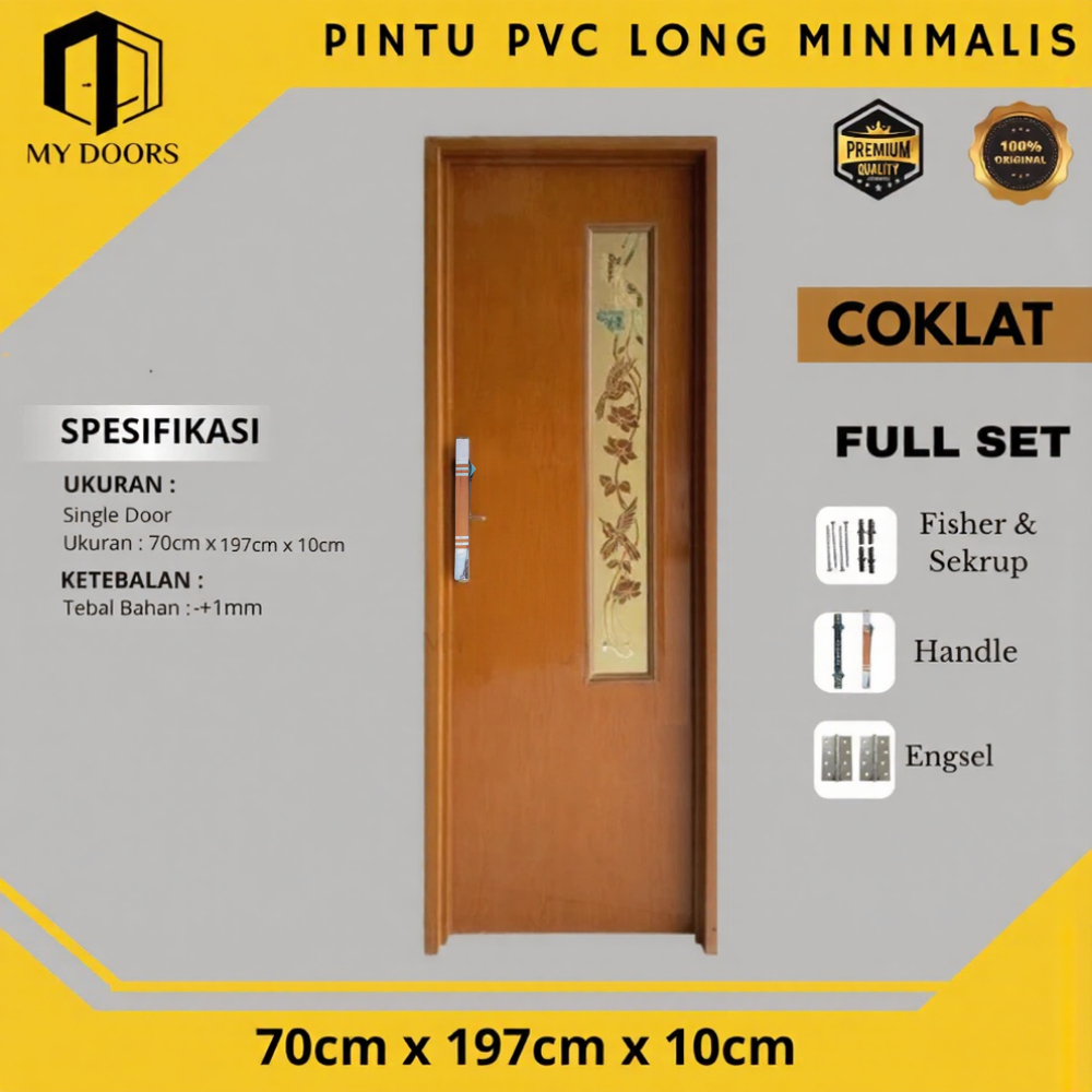 Pintu Kamar Mandi PVC Colat Jati Minimalis - Bahan Tebal Kaca Motif & Cermin Dalam + Handle Eklusive