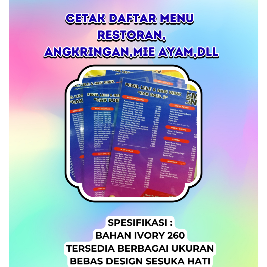 Cetak Daftar Menu Makanan – Ukuran A4 & A3, Desain Custom untuk Restoran, Cafe, dan Catering