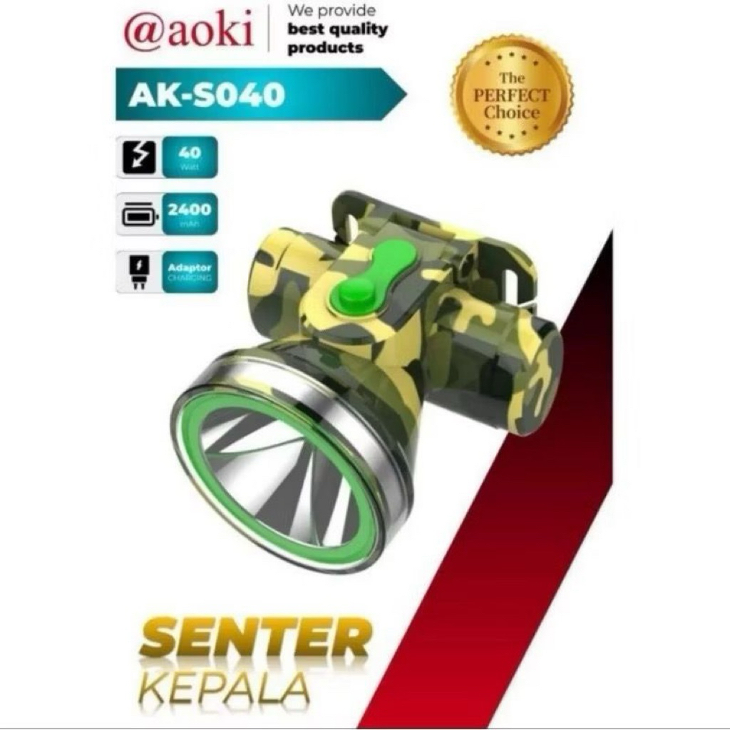 Senter Kepala Head Lamp 40 Watt AOKI AK S040 Cahaya Putih Loreng // COD Senter Kepala / Headlamp AOK