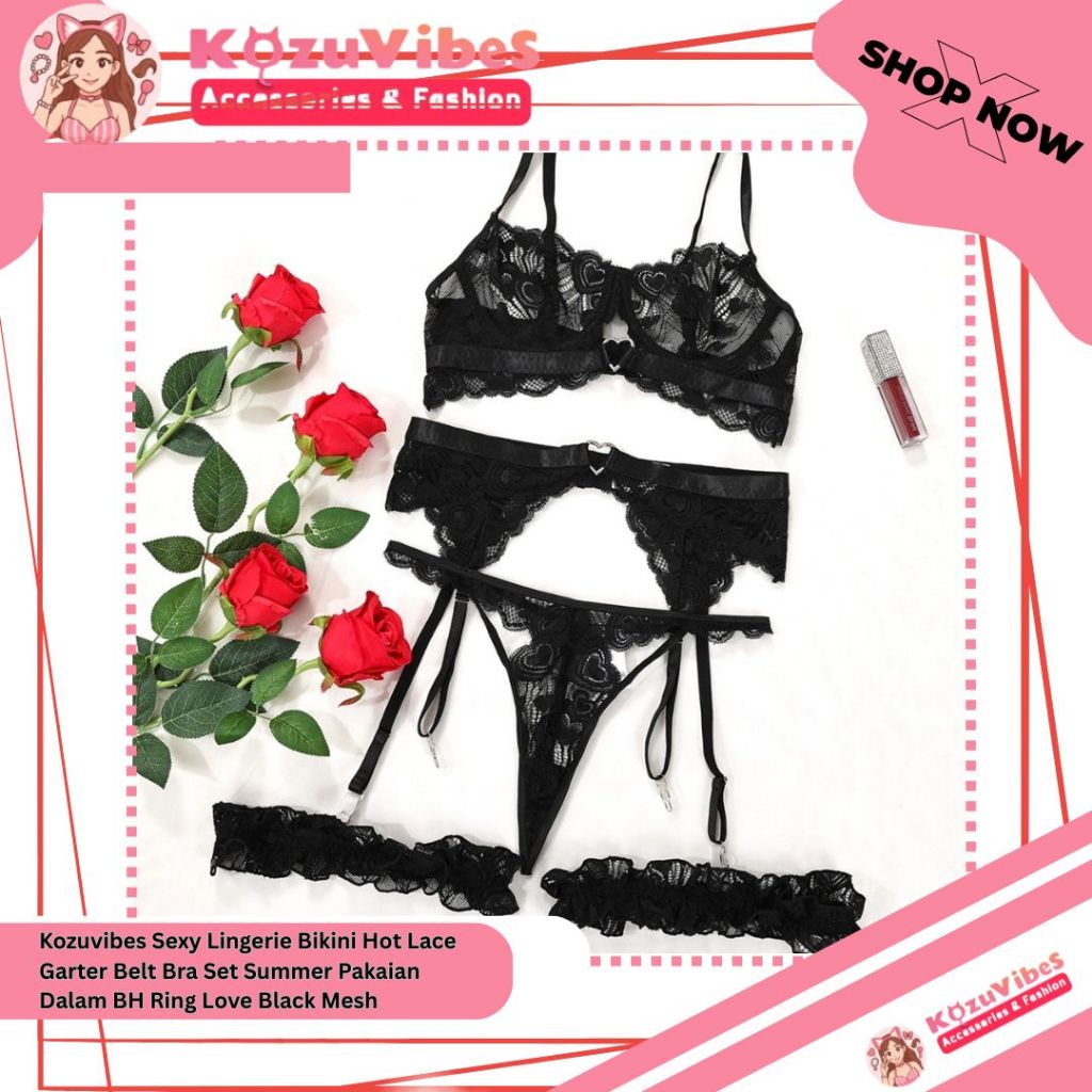 Kozuvibes Sexy Lingerie Bikini Hot Lace Garter Belt Bra Set Summer Pakaian Dalam BH Ring Love Black Mesh