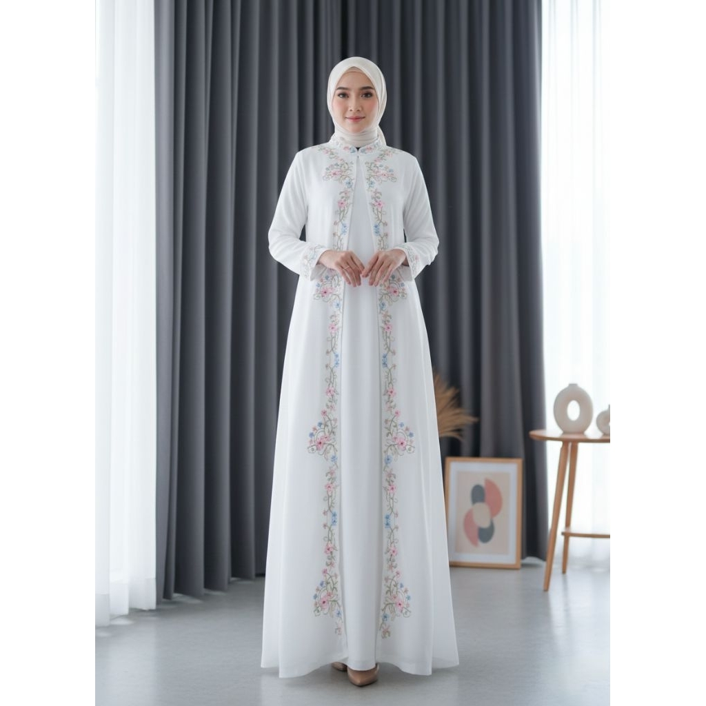 Dress Putih Jumbo Muslimah Bahan Ceruty Full Furing / Gamis Putih Big Size Cerutty Mix Bordir / Dres
