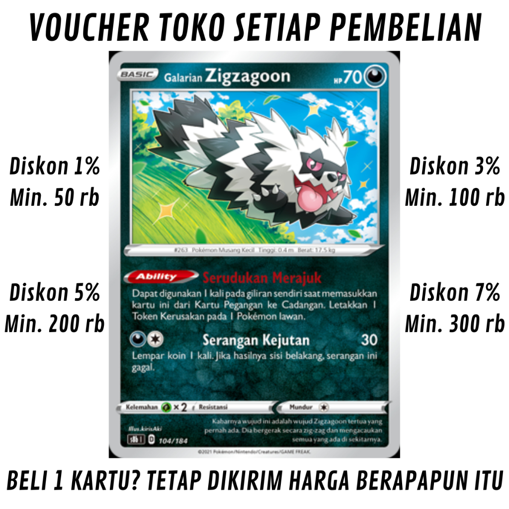 [276] Kartu Pokémon TCG Bahasa Indonesia KONDISI NM (NEAR MINT) Galarian Zigzagoon High Class Booste