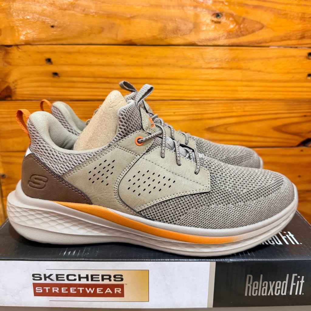 2 VARIASI WARNA SEPATU SKECHERS PRIA SKECHERS SLIDE BREYER 210892 TAUPE & BLACK GREY FORMAL CASUAL R