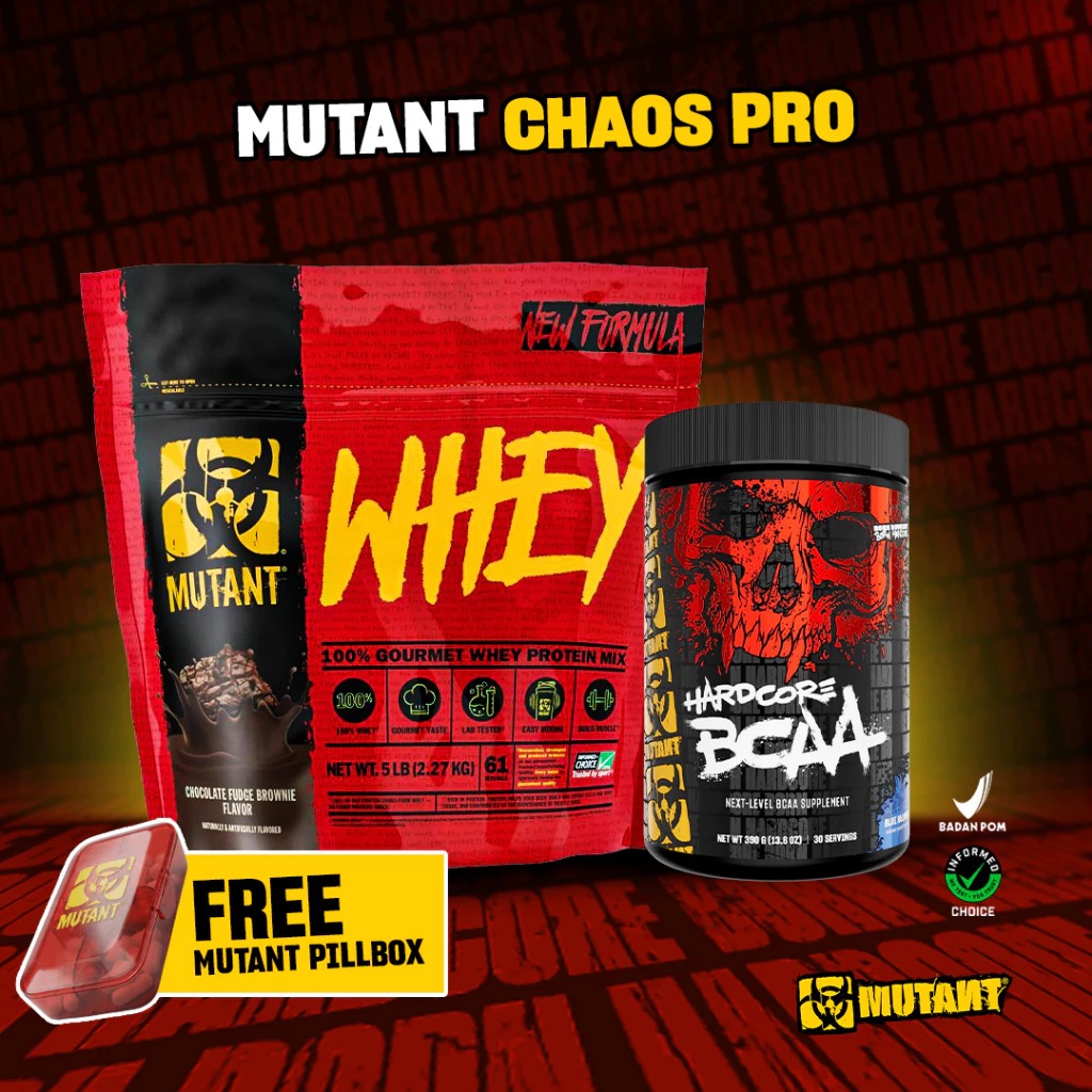 MUTANT CHAOS PRO BUNDLE – MUTANT WHEY 5 LBS (CHOCOLATE/VANILLA/STRAWBERRY) + MUTANT HARDCORE BCAA 39