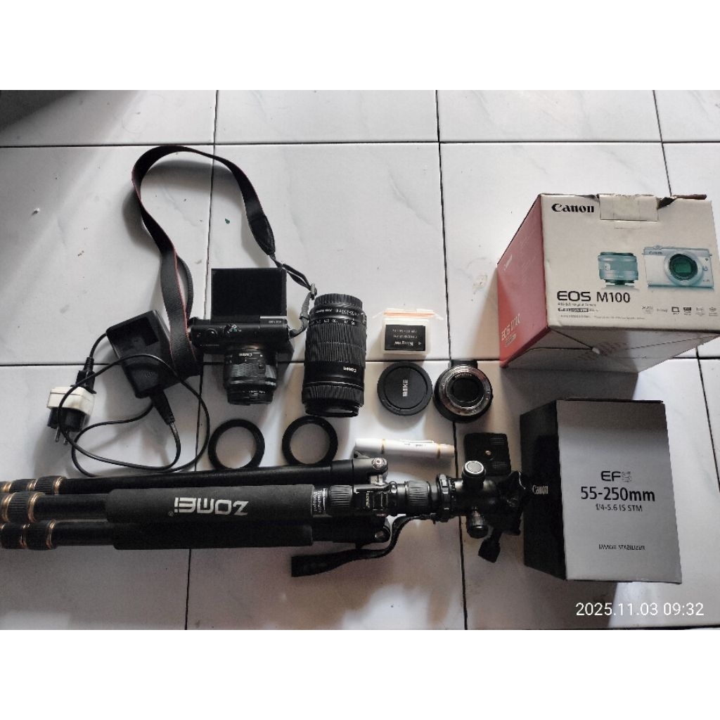 KAMERA MIRRORLESS CANON M100 + BONUS LENSA TELE CANON EFS 50-250 + CONNECTOR LENSA TELE + TRIPOD ZOM