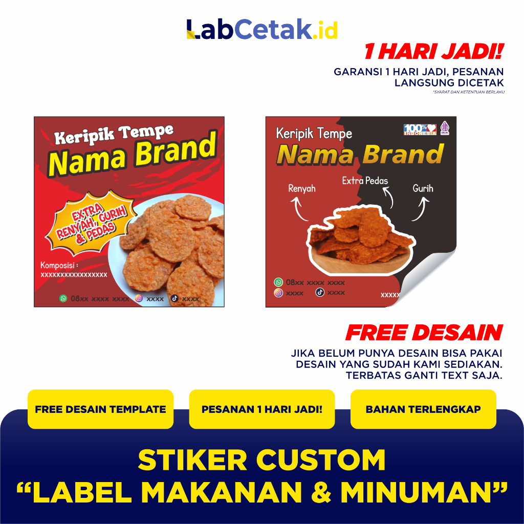 Stiker Label Custom Keripik Tempe Pedas free desain Packaging Snack Cemilan Jajanan Chromo Bontax-6x