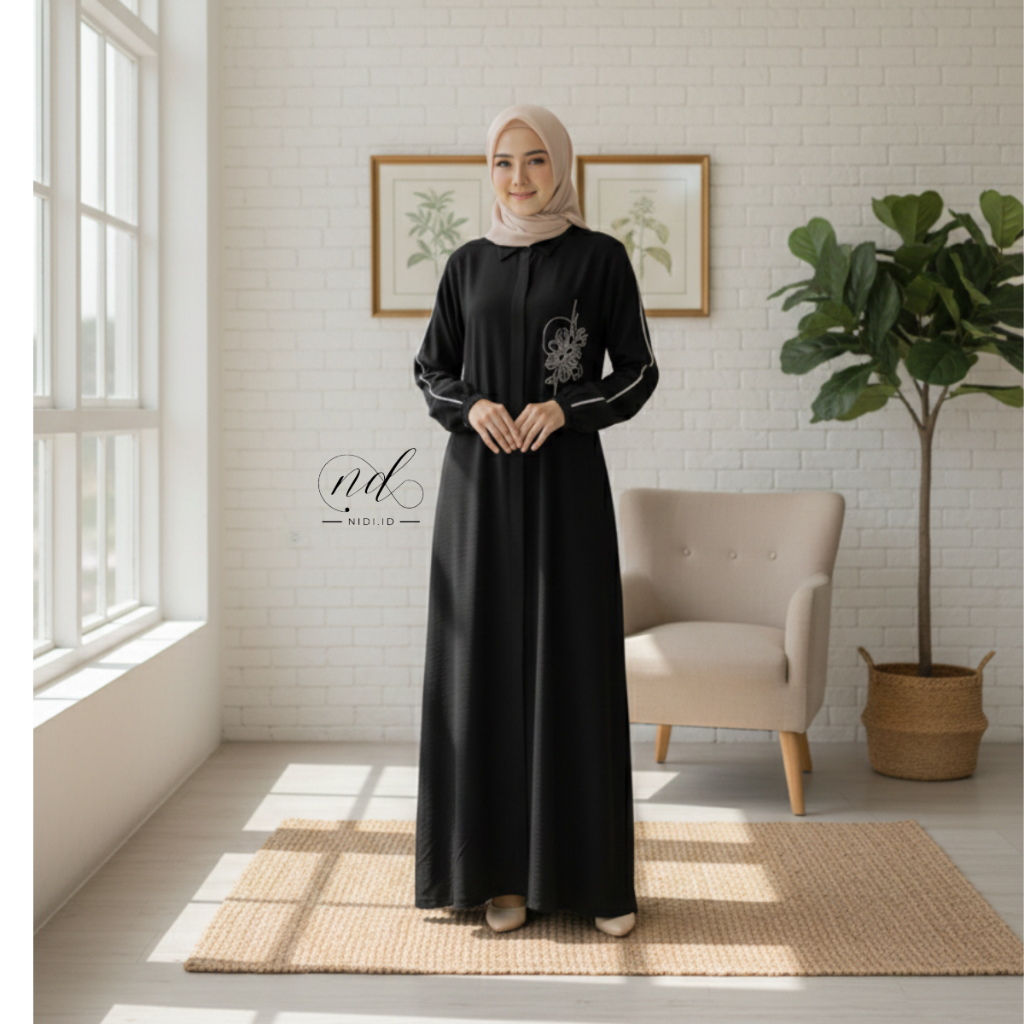 Shafira dress Gamis Bordir simpel Bahan Shabrina Anti UV Halus Lembut Tidak Mudah Kusut Abaya hitam 