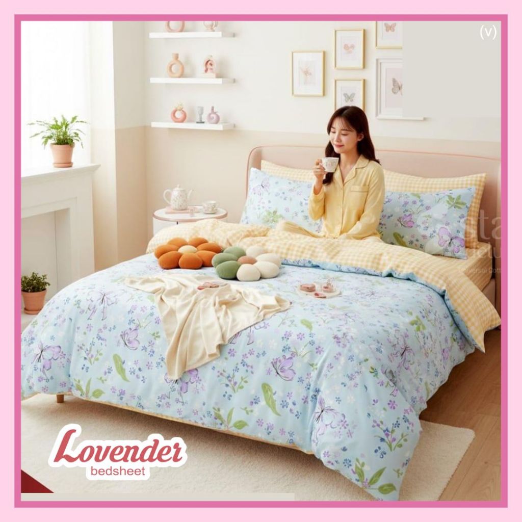 Sprei/Bedcover katun TAIWAN/CVC HALUS pastel biru blue kupu kupu butterfly shabby chic tangkai bunga