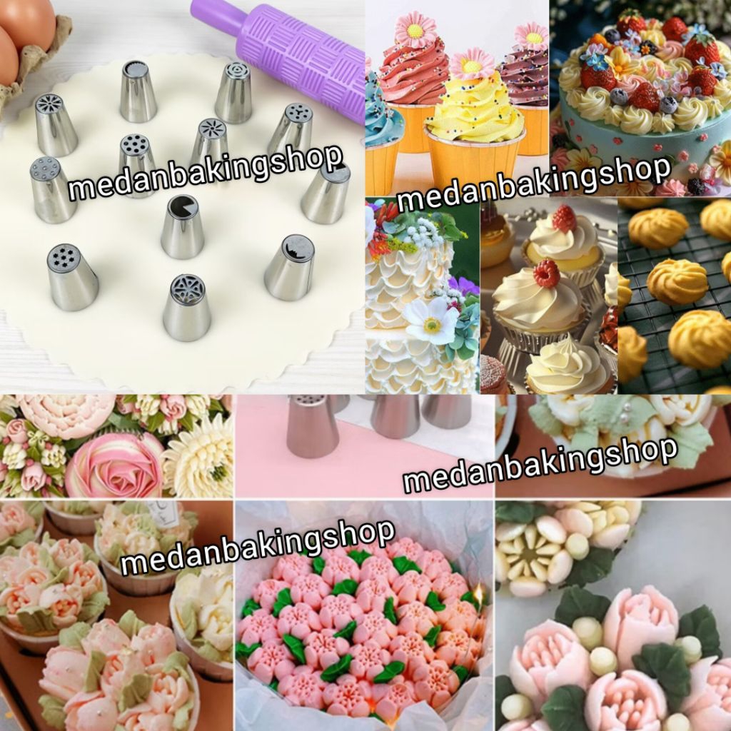 1set 12pcs Spuit Rusia Import/Spuit Sambung Buttercream/Spuit Cream Dekor Birthday Cake/Dekorasi Kue