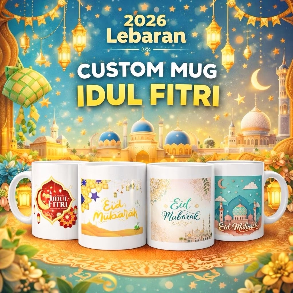 Mug Keramik Custom Hampers Lebaran Edisi Eid Mubarak dengan Desain Lucu dan Gratis Template