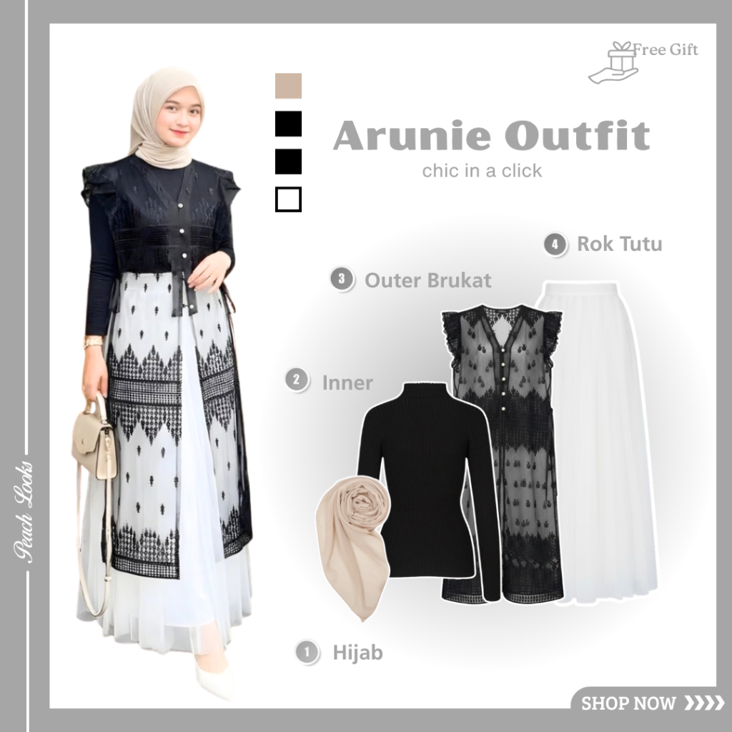 Trend Outfit Lebaran Kekinian ( Hijab + Inner + Outer Brukat + Rok Tutu ) Setelan Remaja Ootd Arunie