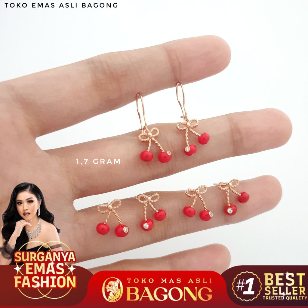 ANTING FASHION CHERRY 17K/750 - ASLI BAGONG GOLD BAGONG EMAS