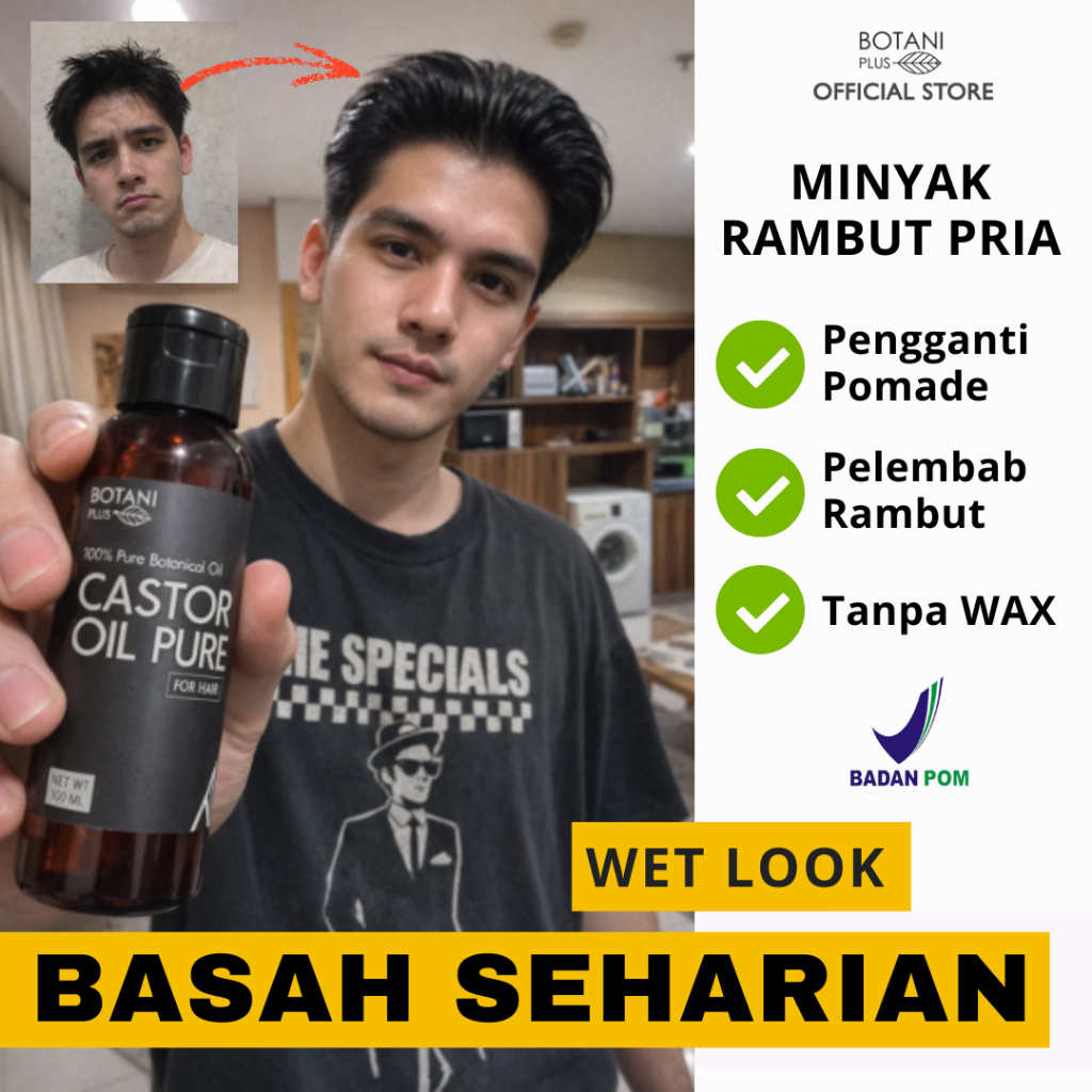 Minyak Rambut Pria Pengganti Pomade  | Pelembab Rambut Pria Basah Seharian WET LOOK | CASTOR OIL PUR