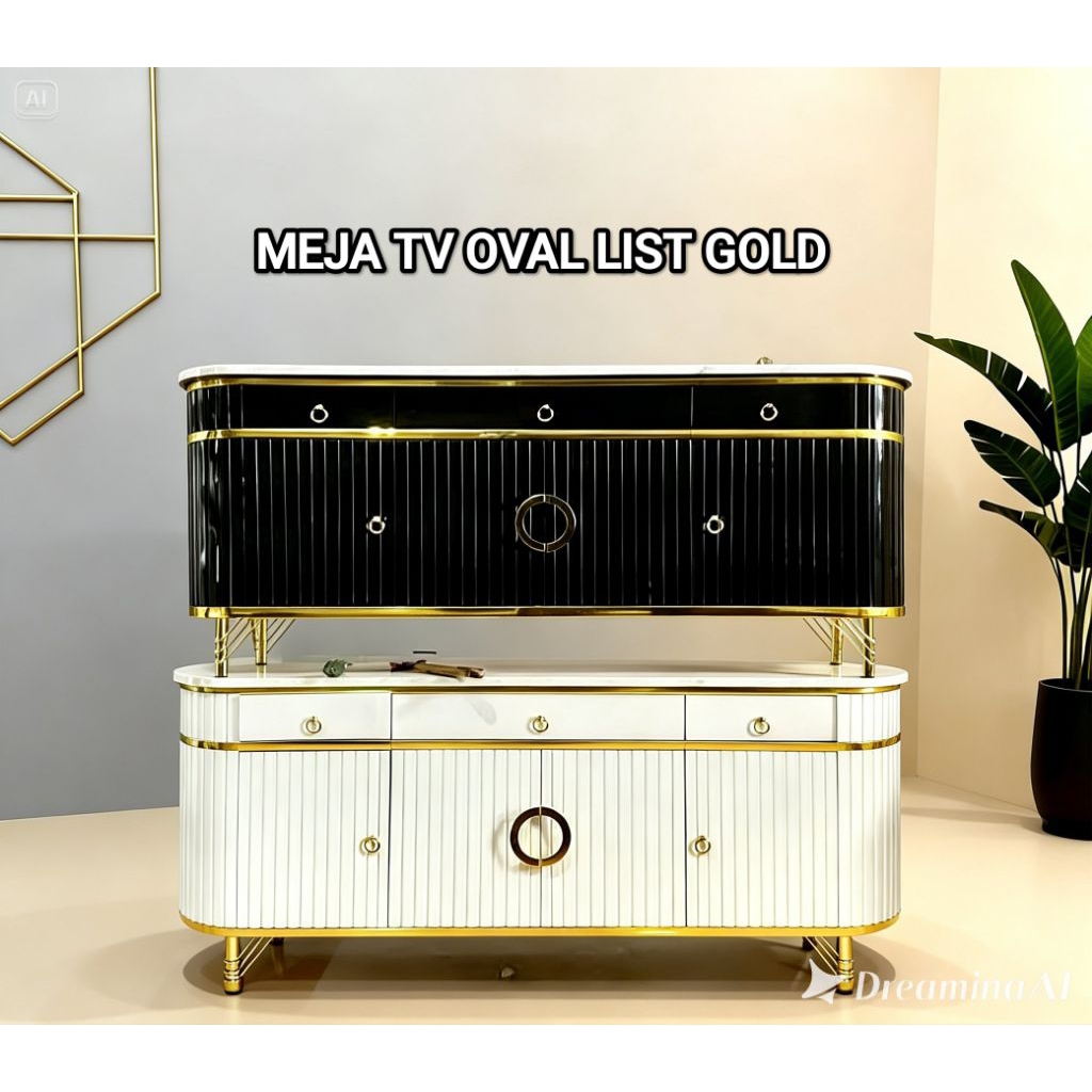 BUFFET TV OVAL LIST GOLD KAKI BESI / MEJA TV OVAL MODERN MINIMALIS / MEJA KAPSUL OVAL MARMER