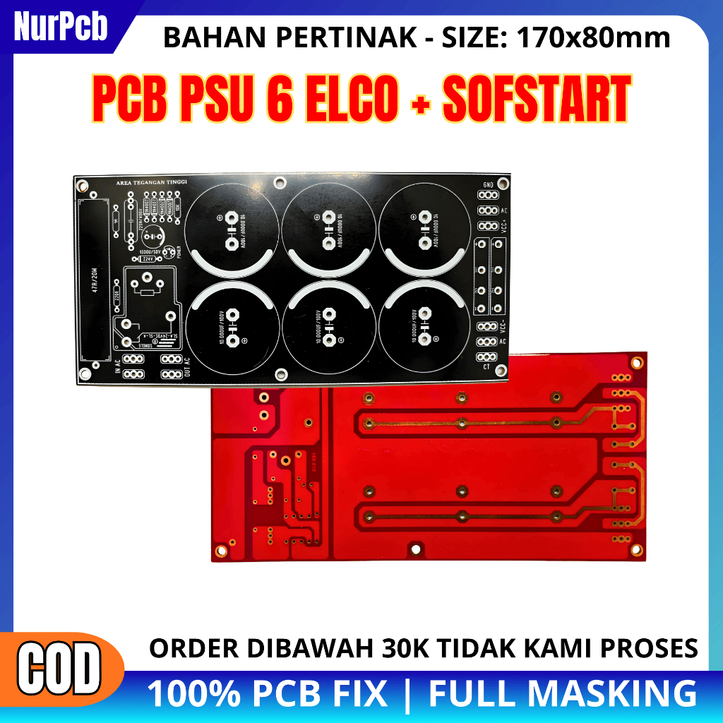 NUR PCB - PCB PSU 6 Elco Kapasitor Bank 10.000uF 80-100V Fullmasking Untuk Power Amplifier 32-65VAC