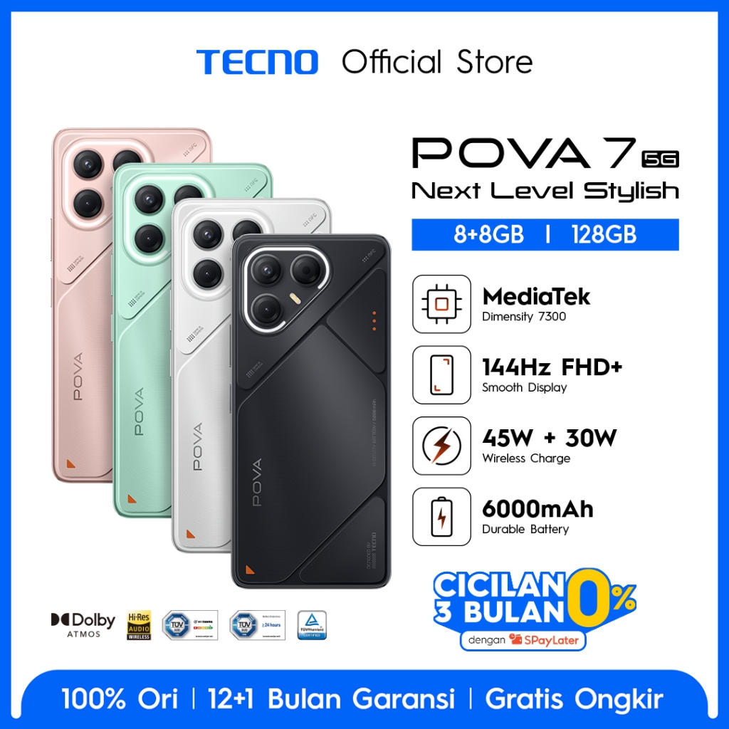 TECNO POVA 7 5G 8+8GB*/128GB, 6000 mAh, Mediatek D7300 Ultimate, 144Hz Smooth Display , 50MP Primary