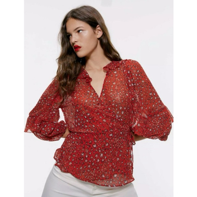 Zara Red Sheer Wrap Blouse
