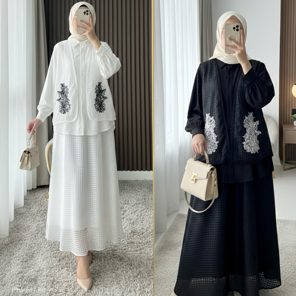 [ORI] Nava Set Rok Vest Kemeja Ld 116 Organza/ One Set Wanita Formal Elegan Busui Friendly Hitam Put